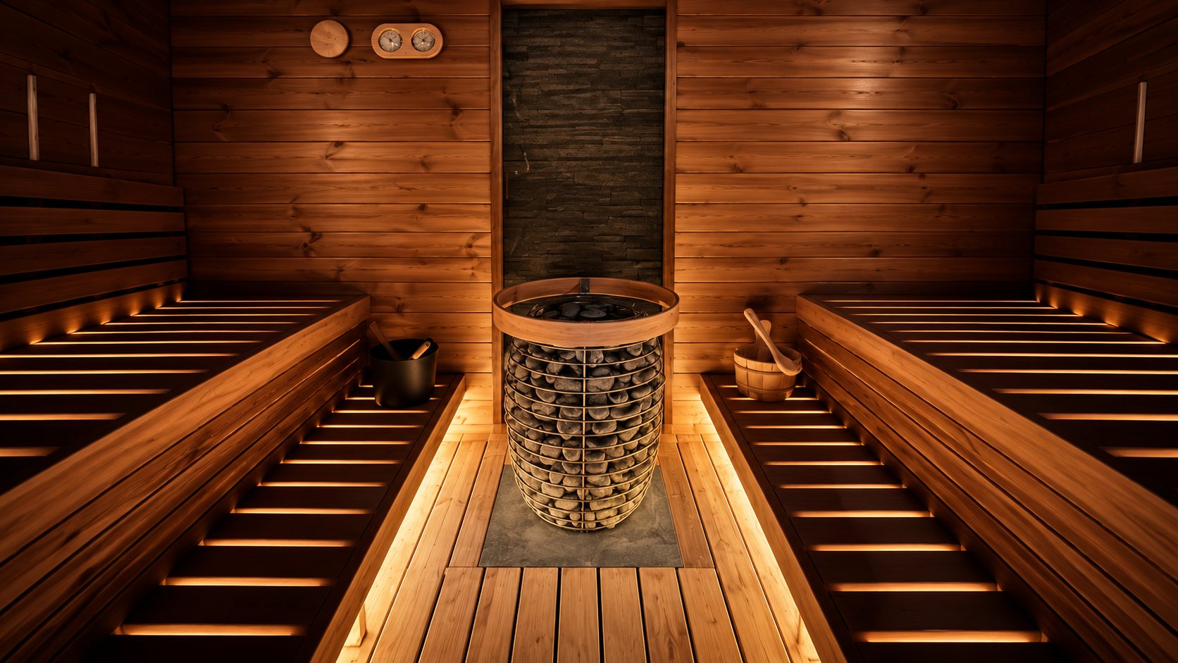 Warm cedar-wood sauna interior with a central stone heater and soft under-bench lighting
